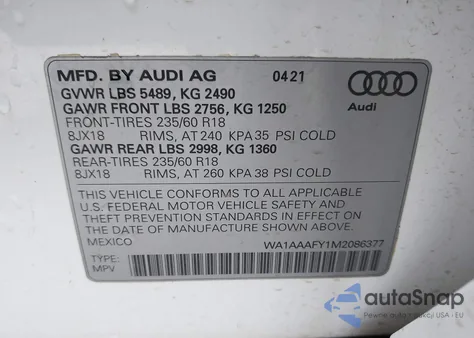 2021 Audi Q5 Premium 45 Tfsi Quattro S Tronic из США, поврежденный, VIN WA1AAAFY1M2086377
